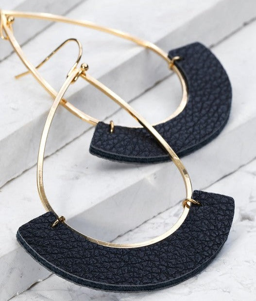 faux leather crescent earrings tear drop black