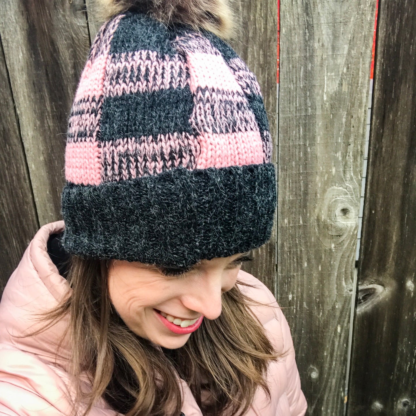 Buffalo Check Beanies with Pom - Pretty in Pink