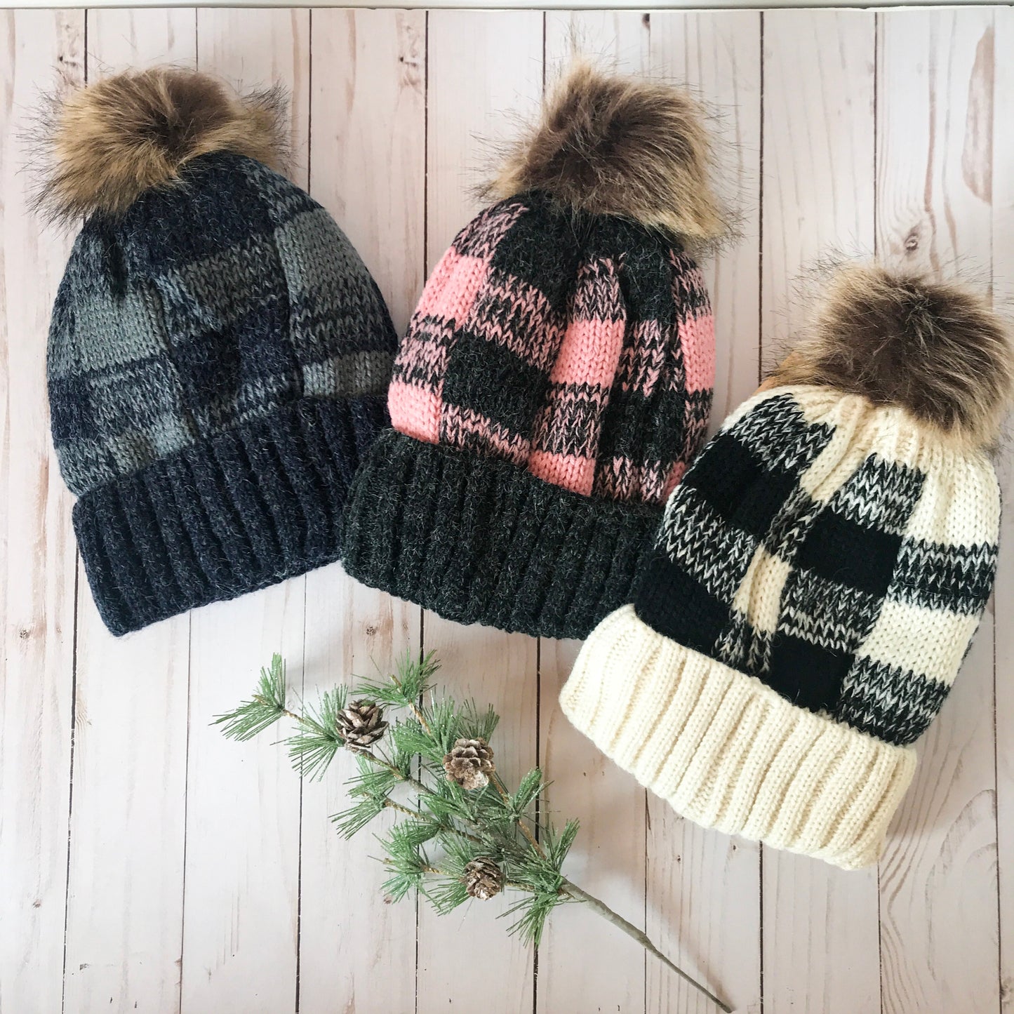Buffalo Check Beanies with Pom - Pretty in Pink